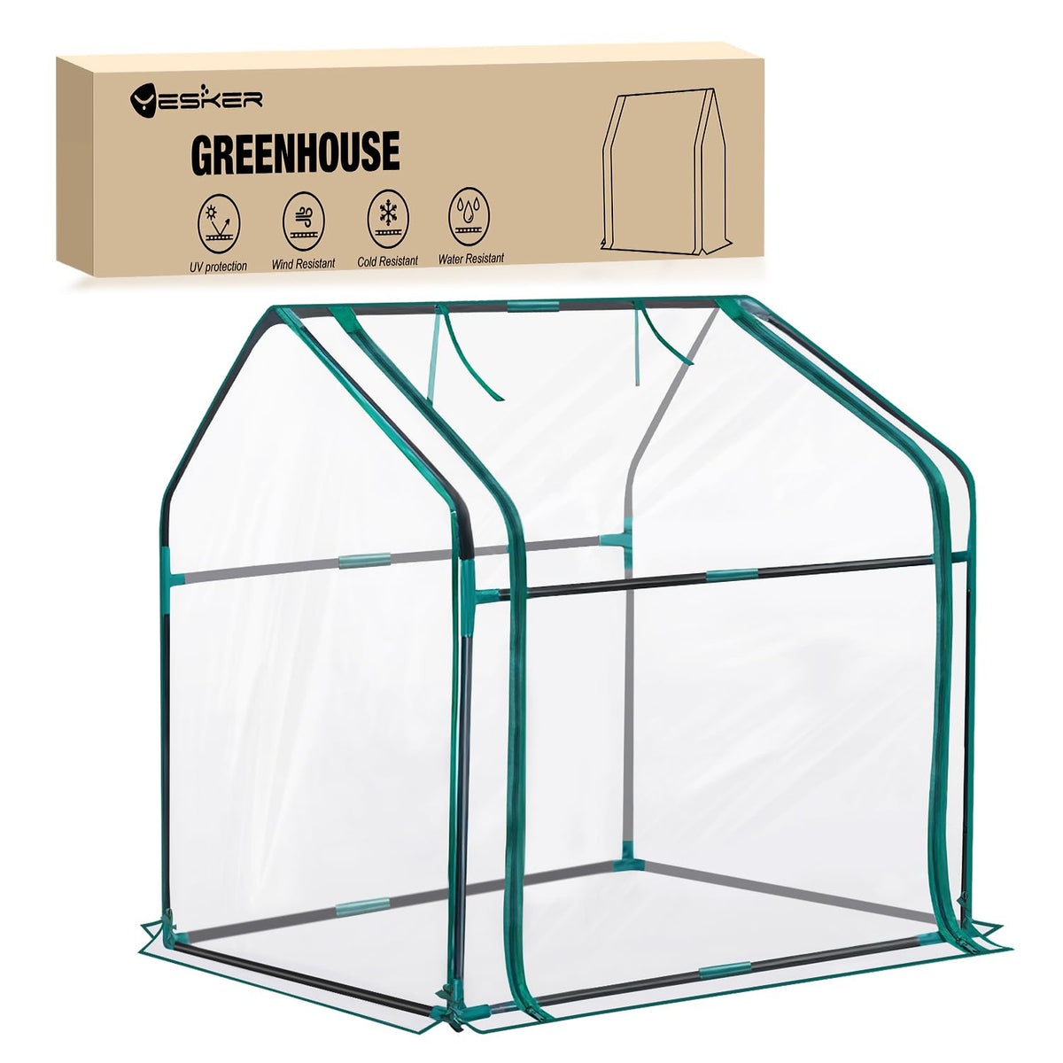 Yesker Mini Greenhouse front view with transparent PVC cover