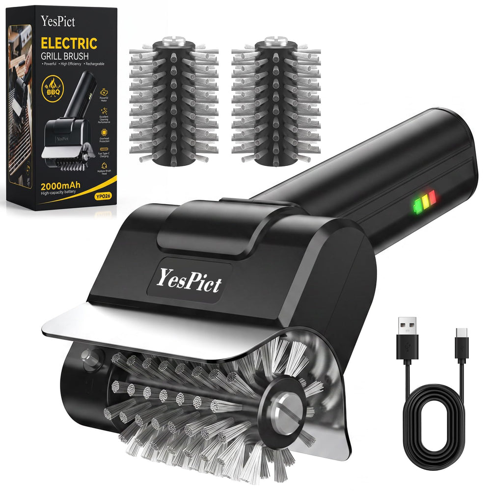 YesPict Electric Grill Brush front view with stainless steel brush head