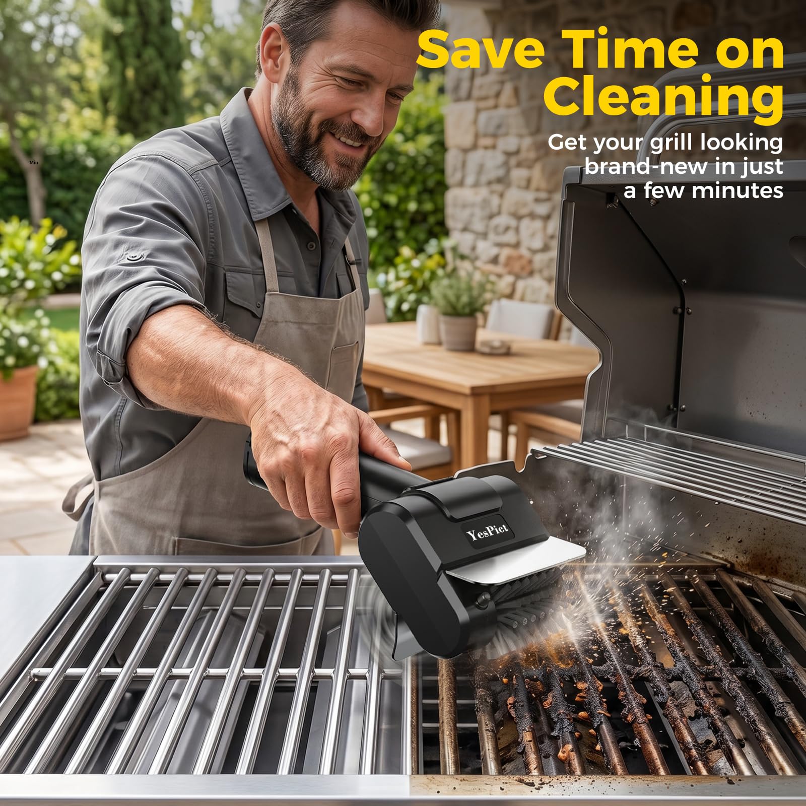 YesPict Electric Grill Brush in use cleaning a barbecue grill