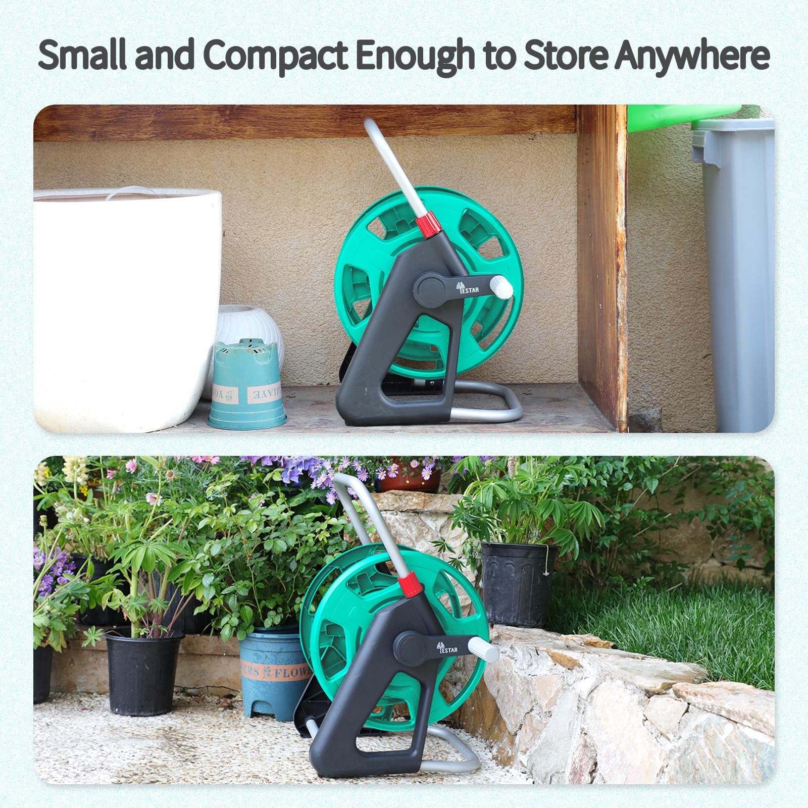 YESTAR garden hose reel dimensions with product packaging