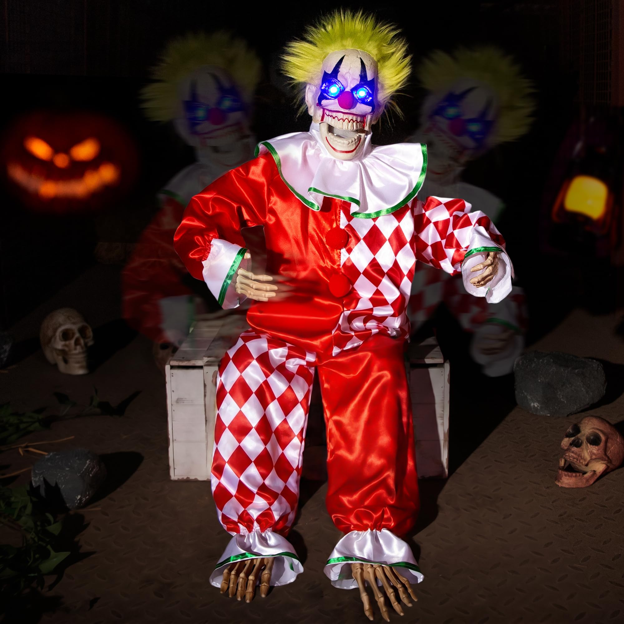 YFFSMYA Halloween Animatronic Sitting Clown with blue glowing eyes