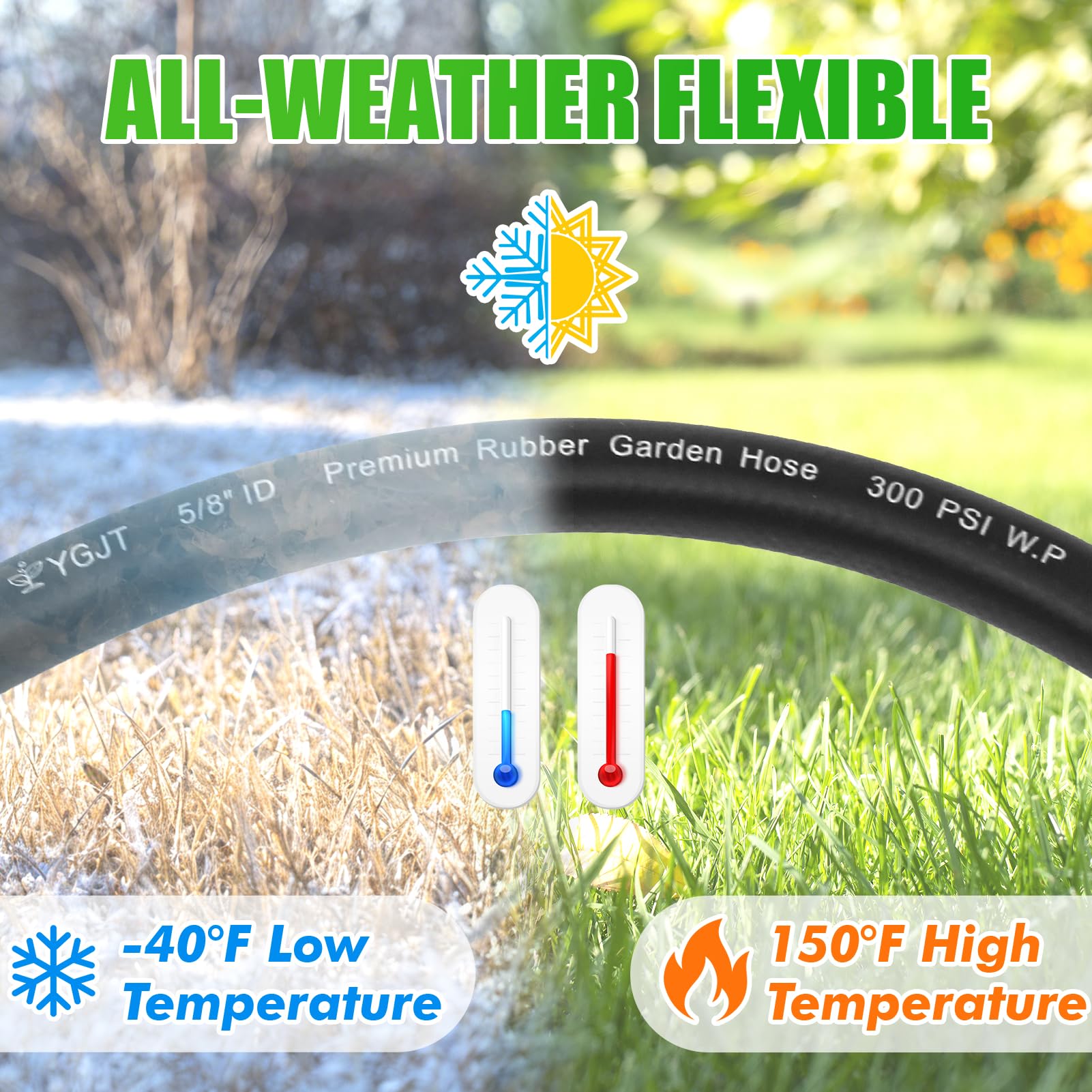 YGJT Heavy Duty Garden Hose in a garden setting with flowers