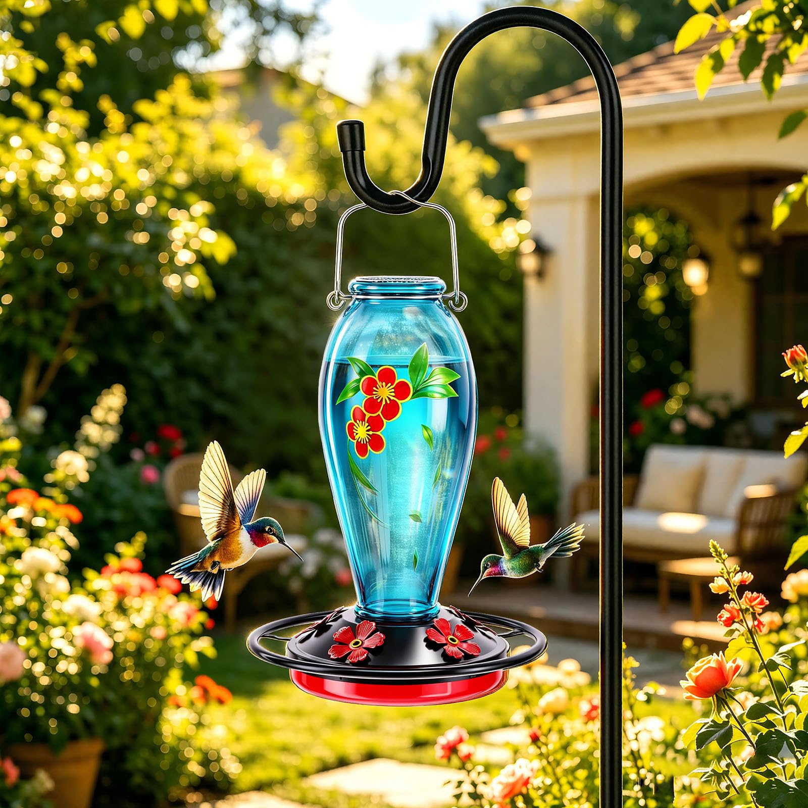 YHCHHZUI Hummingbird Feeder with nectar and hummingbirds feeding