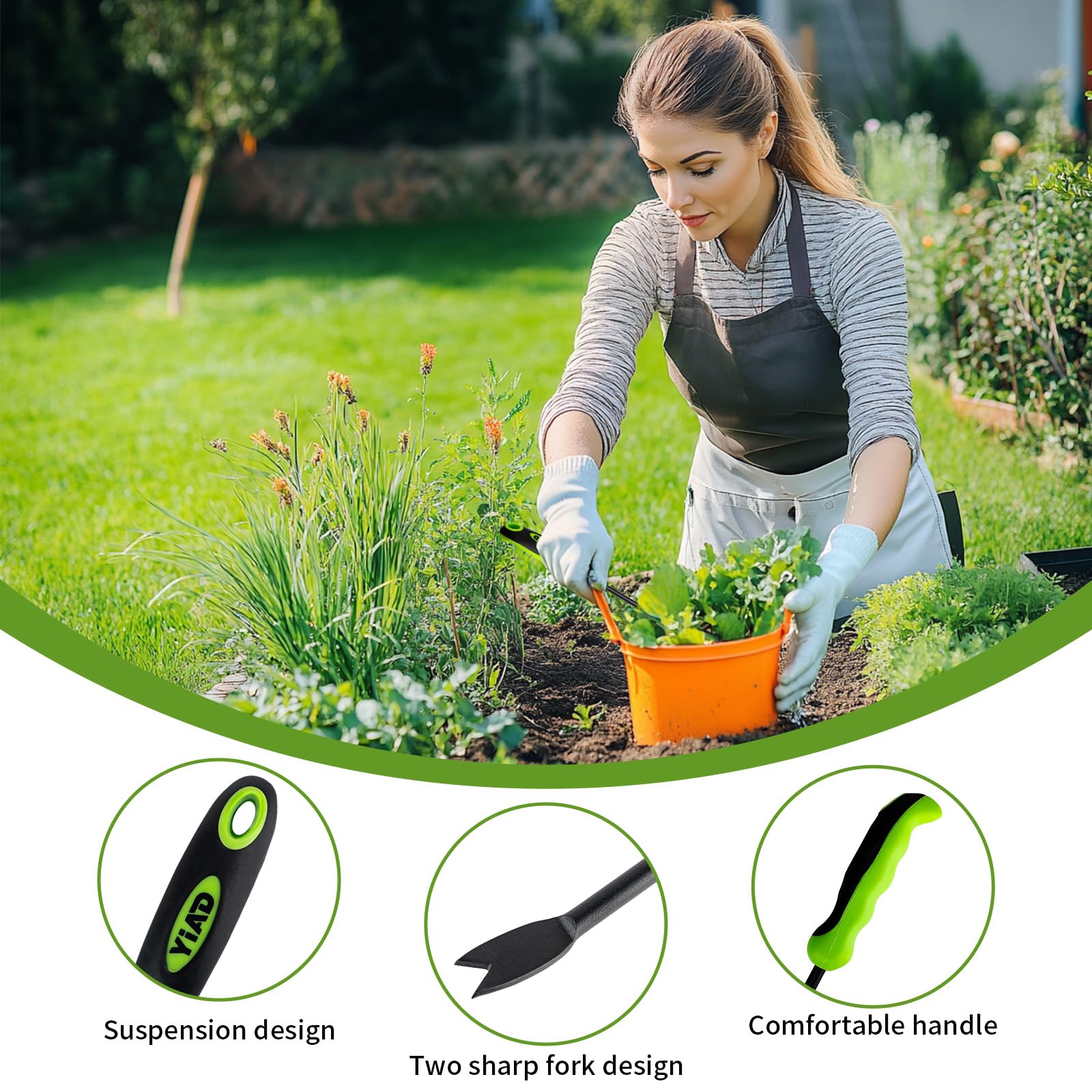 YIAD DRAGON HORSE Hand Weeder Tool in a garden setting removing weeds