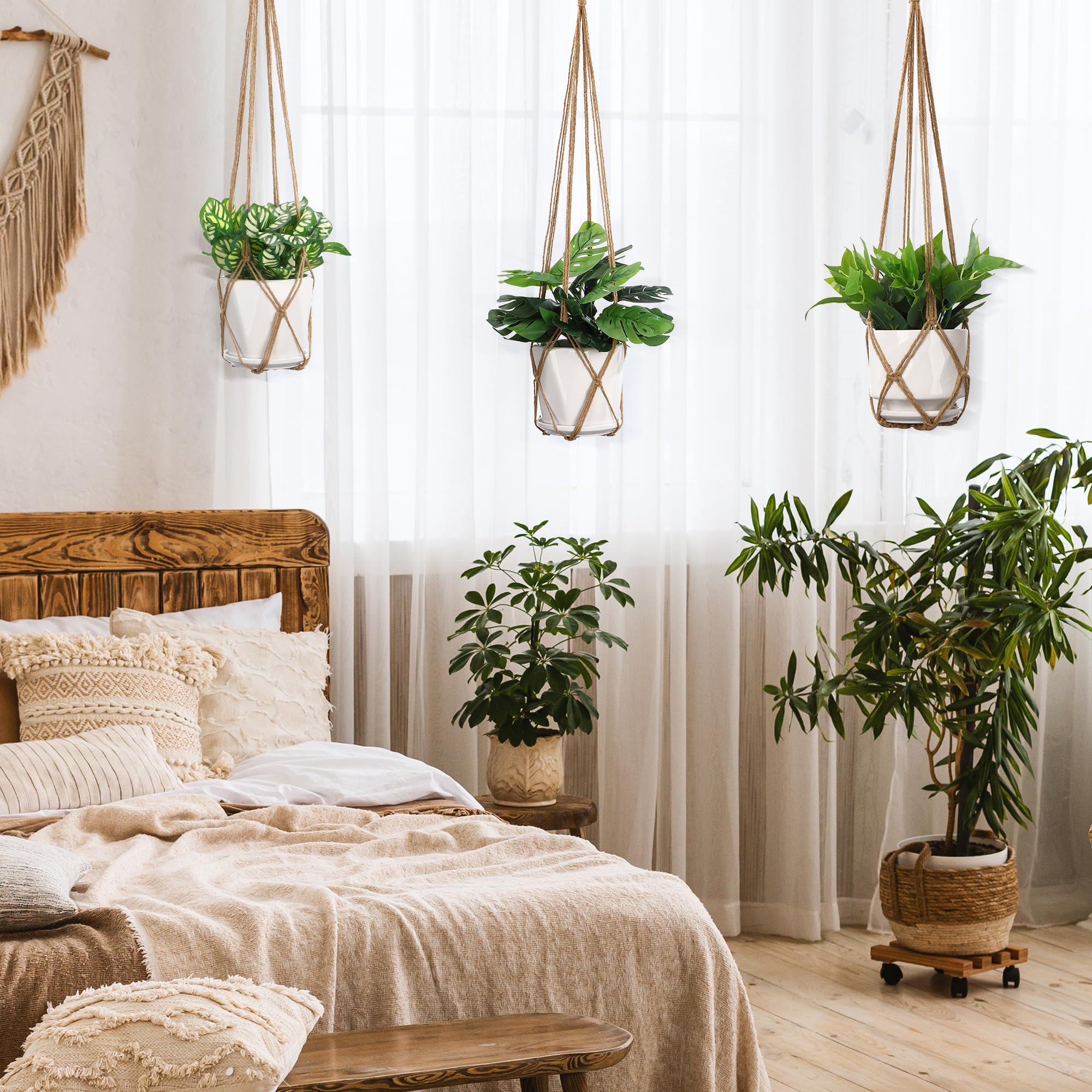 YIBOT macrame plant hanger displayed in a living room