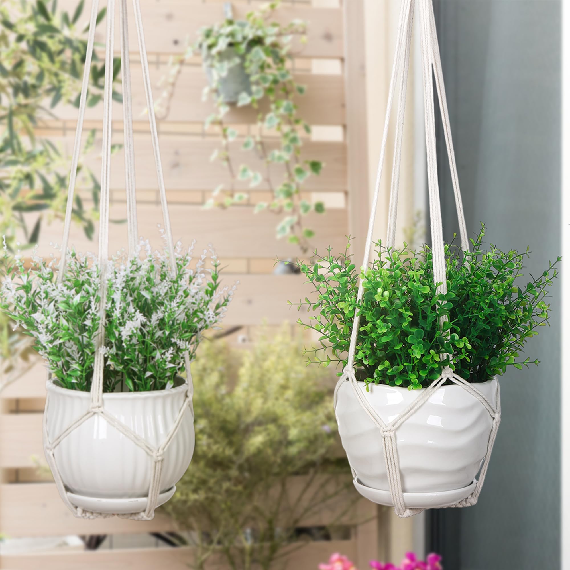 YIBOT macrame plant hangers displayed on a balcony