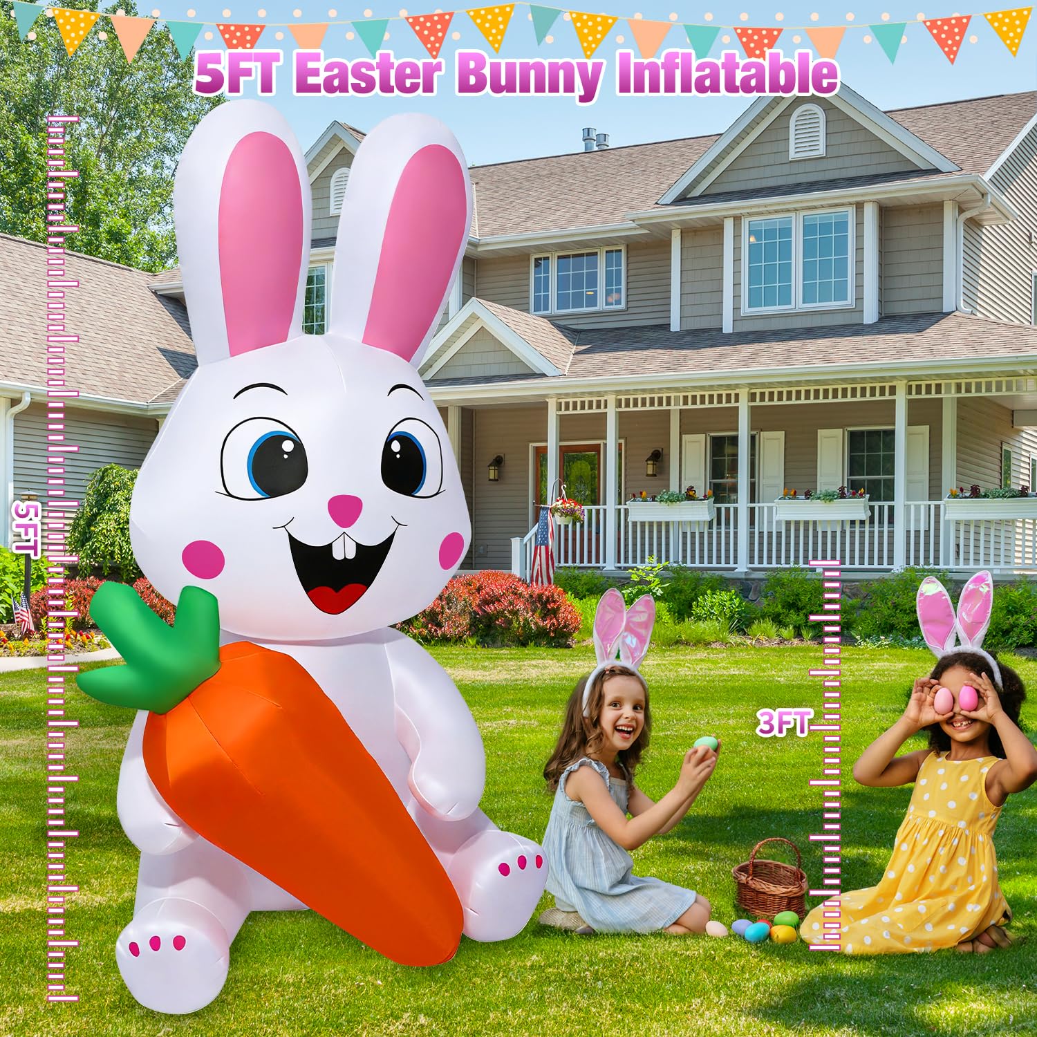 Yichuke 5 Ft Easter inflatable in garden setup with LED lights