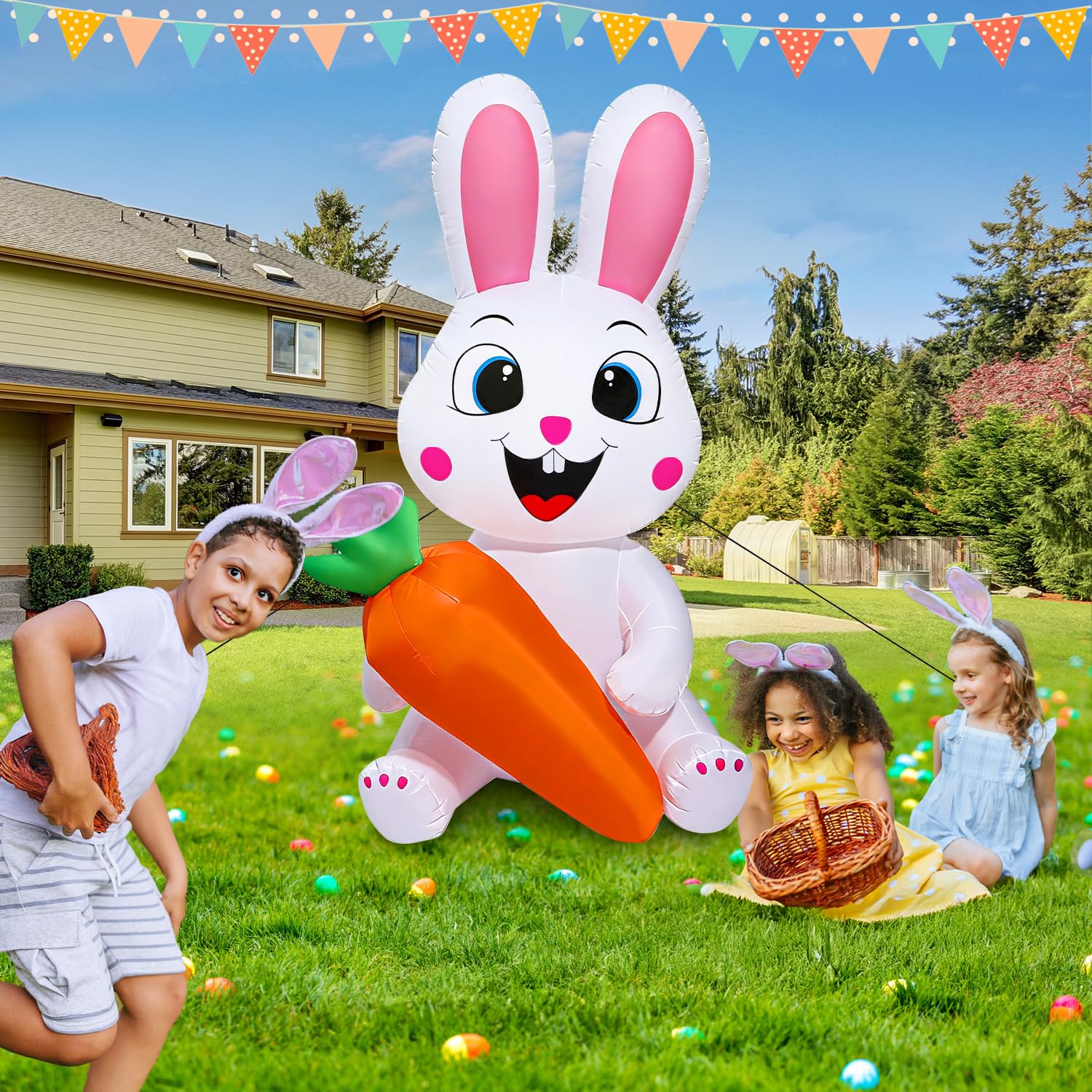 Yichuke inflatable bunny in front yard, colourful Easter decor