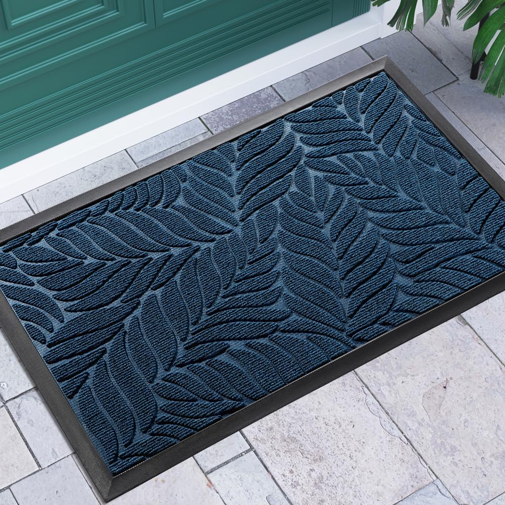 Yimobra Leaf Pattern Door Mat, Blue, Front view