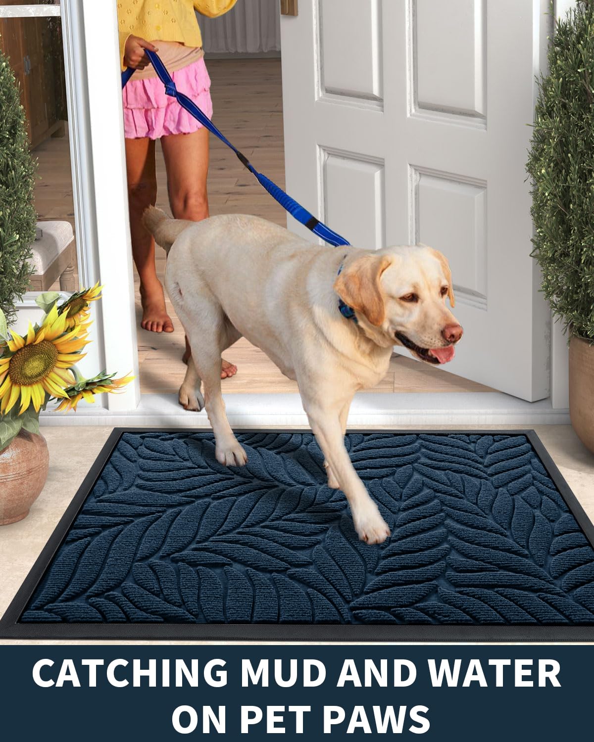 Yimobra Leaf Pattern Door Mat, Blue, Side view