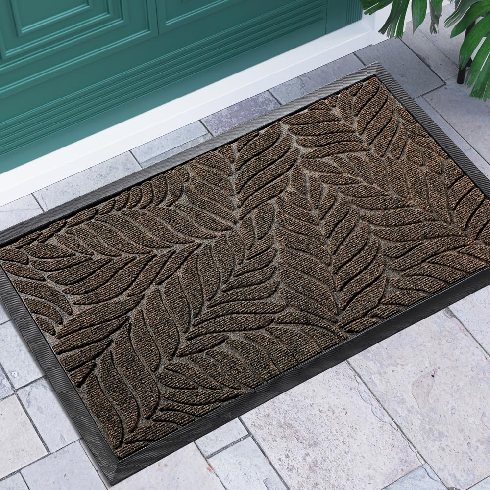 Yimobra Leaf Pattern Door Mat front view, brown colour
