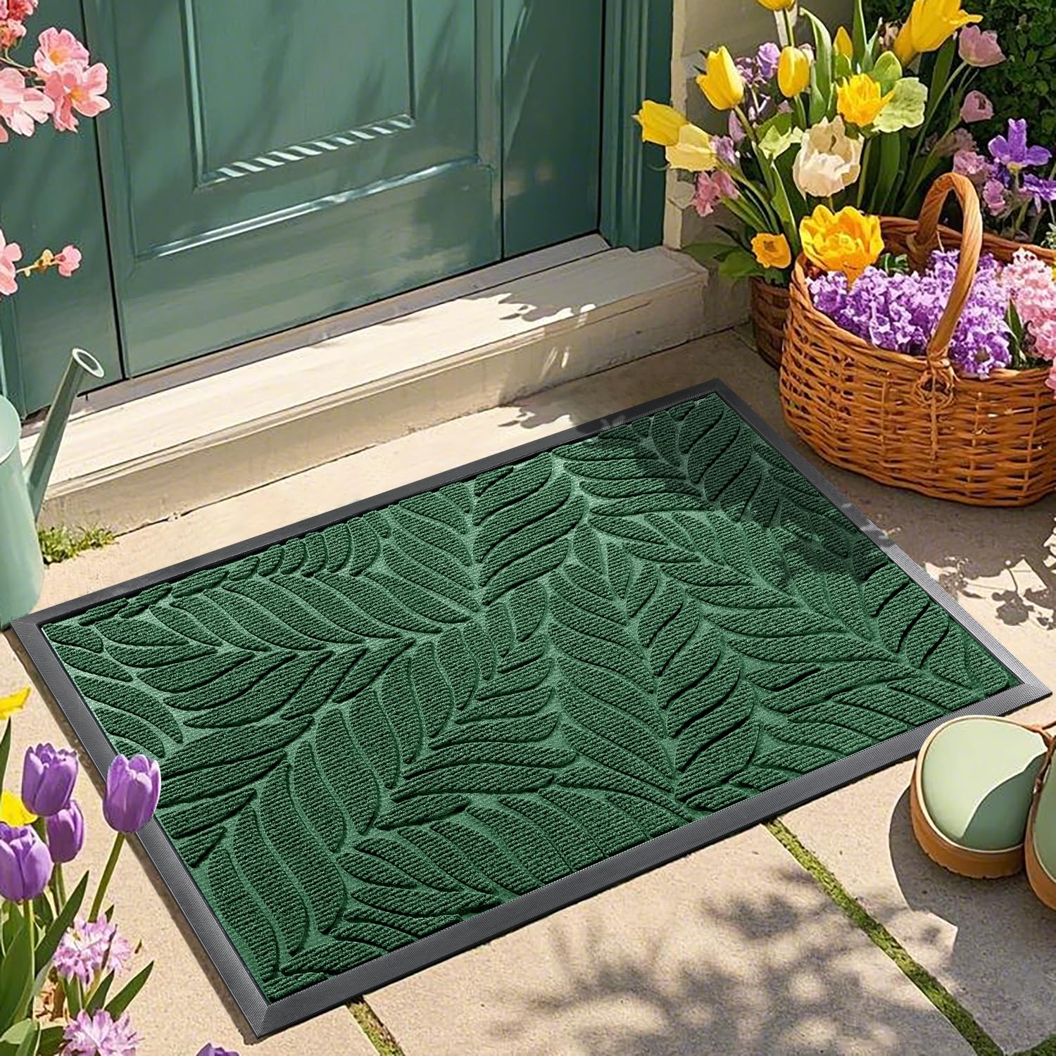 Yimobra Leaf Pattern Door Mat front view in green