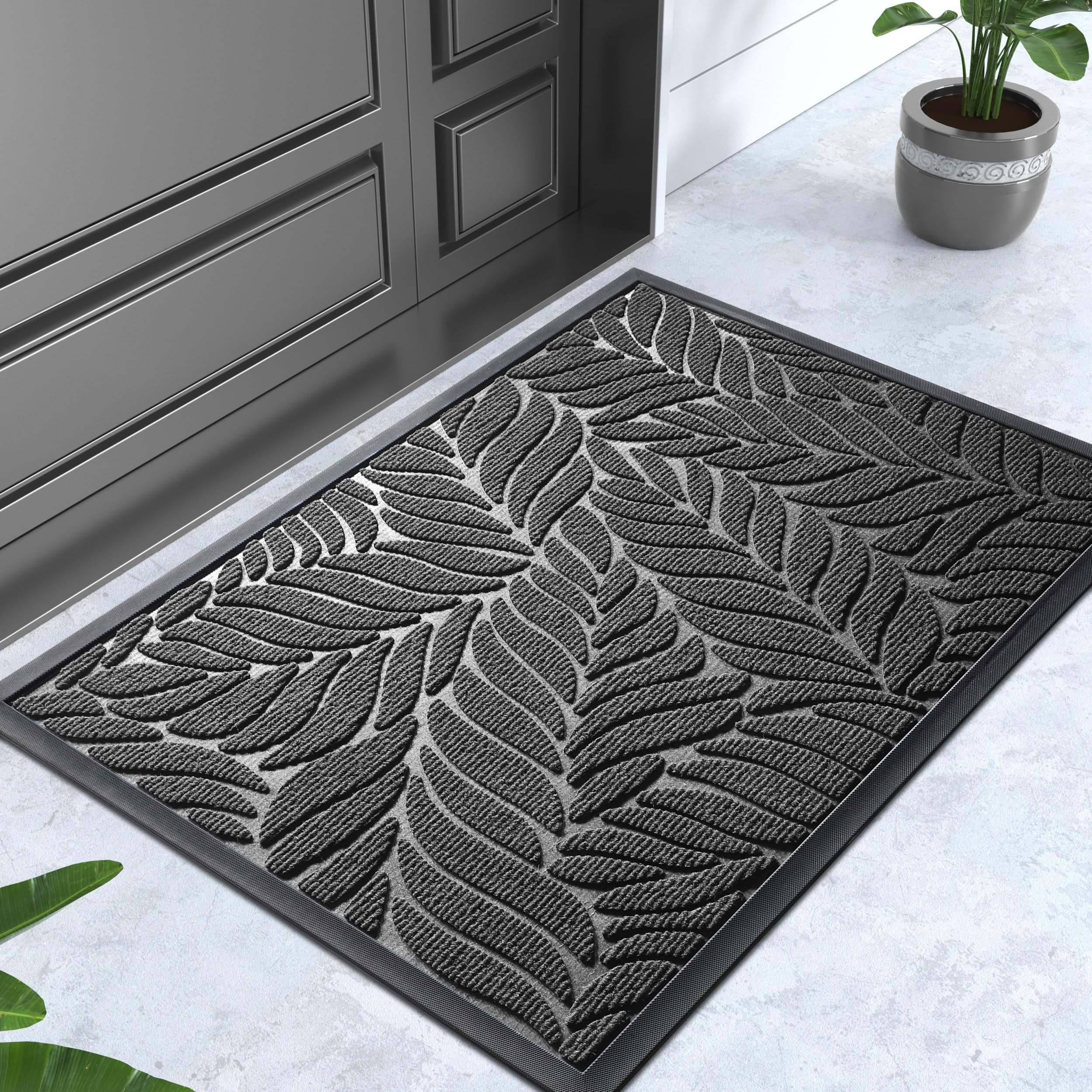 Yimobra Leaf Pattern Door Mat Grey rolled up for storage