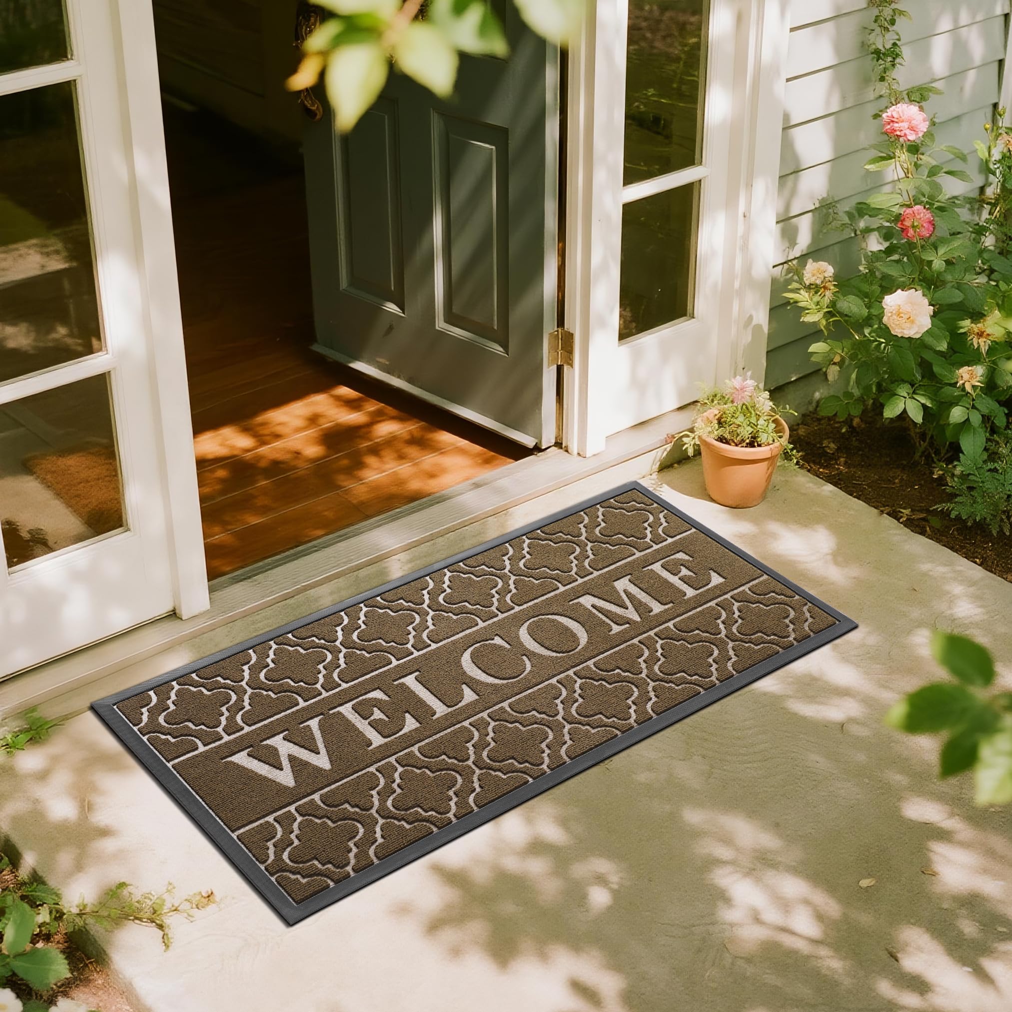 Yimobra Welcome Mat 47x24 inch coffee front view with groove pattern