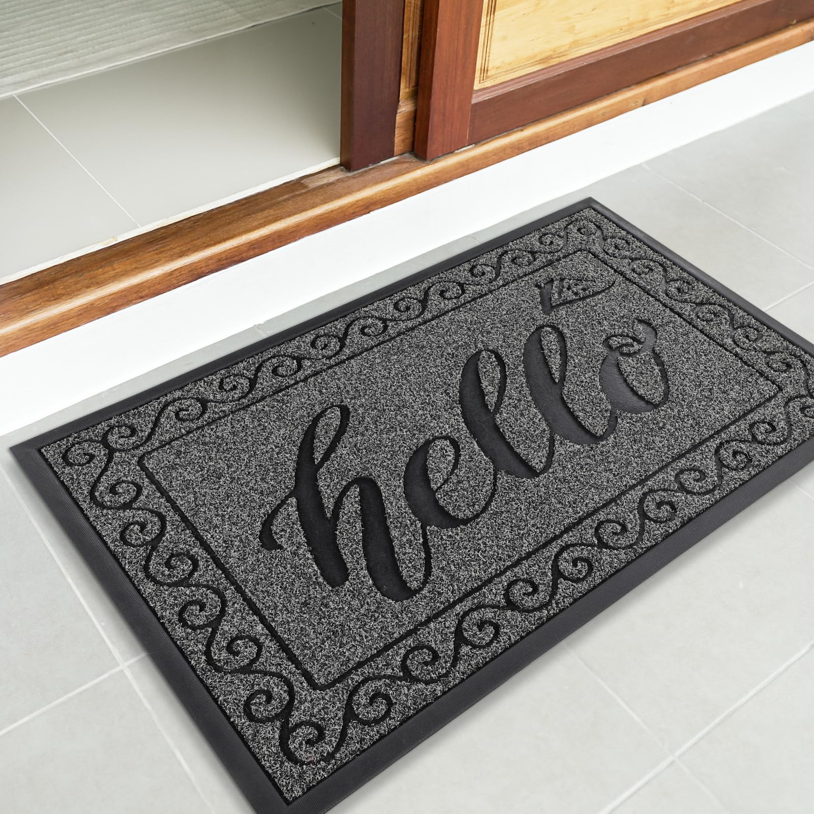 Yimobra welcome mat packaging with dimensions and features listed