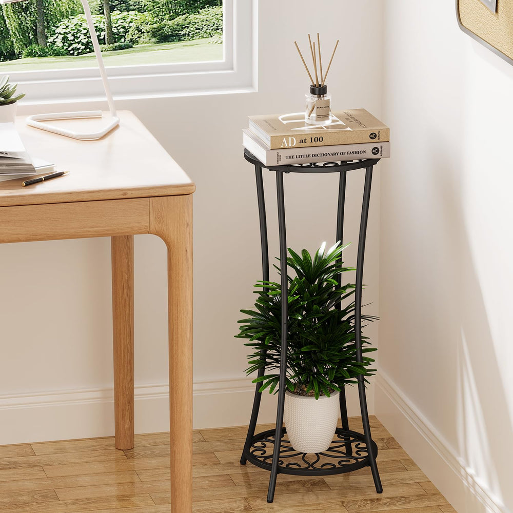 YINMIT Plant Stand 2 Tier Black-Iron close-up of shelves
