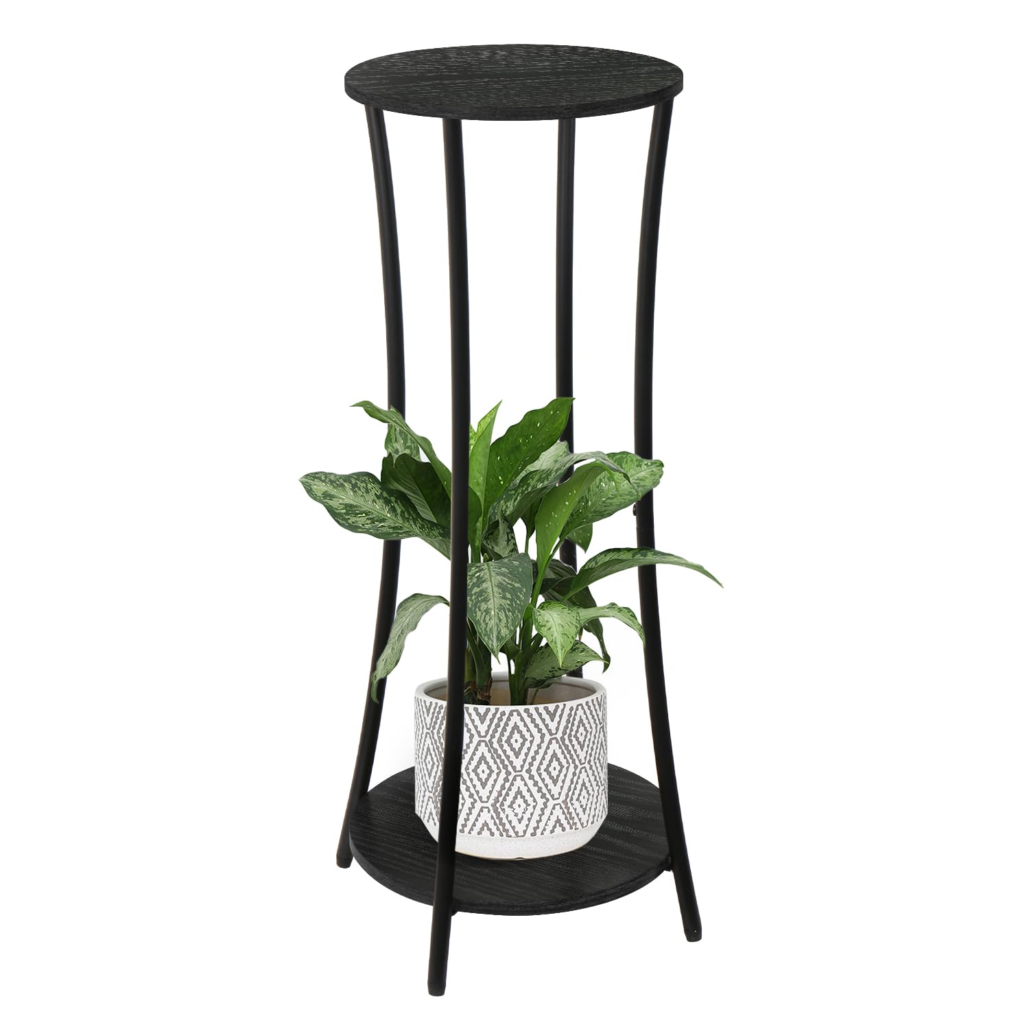 YINMIT Round Plant Stand front view, black finish, two-tier design