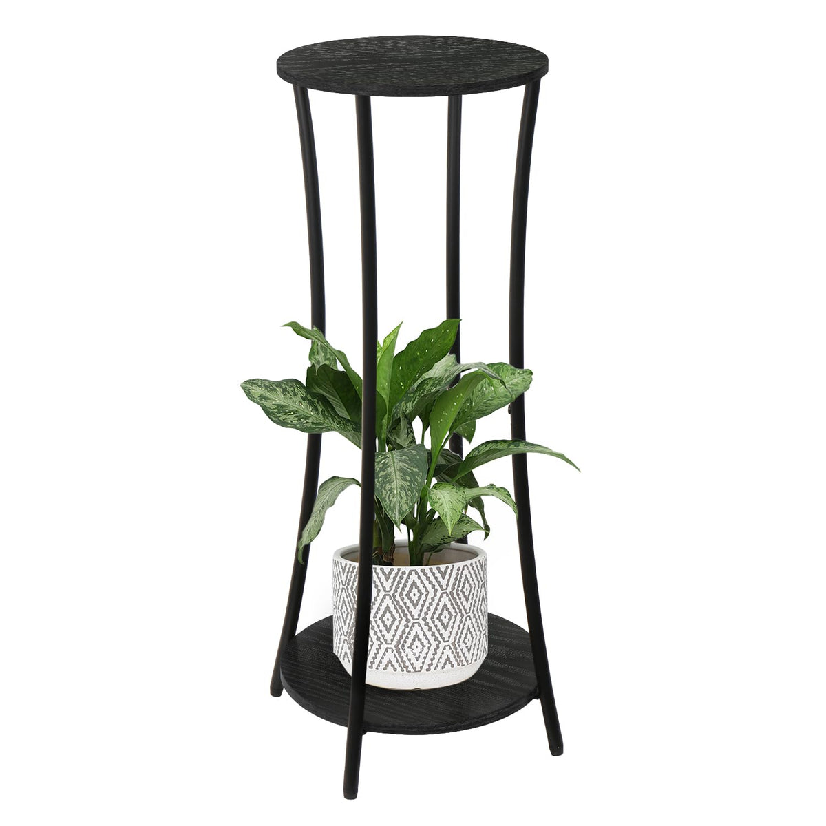YINMIT Round Plant Stand front view, black finish, two-tier design