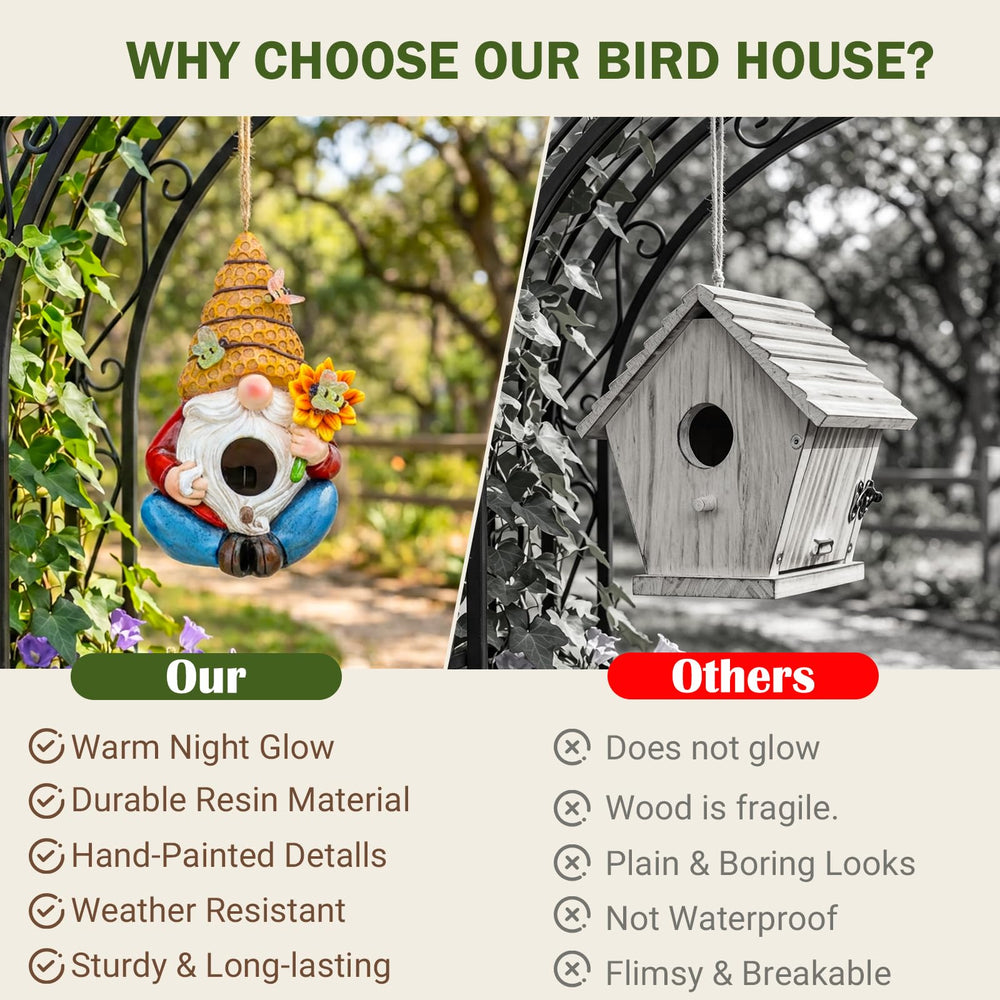 Yinns Birdhouse with birds nearby in a garden
