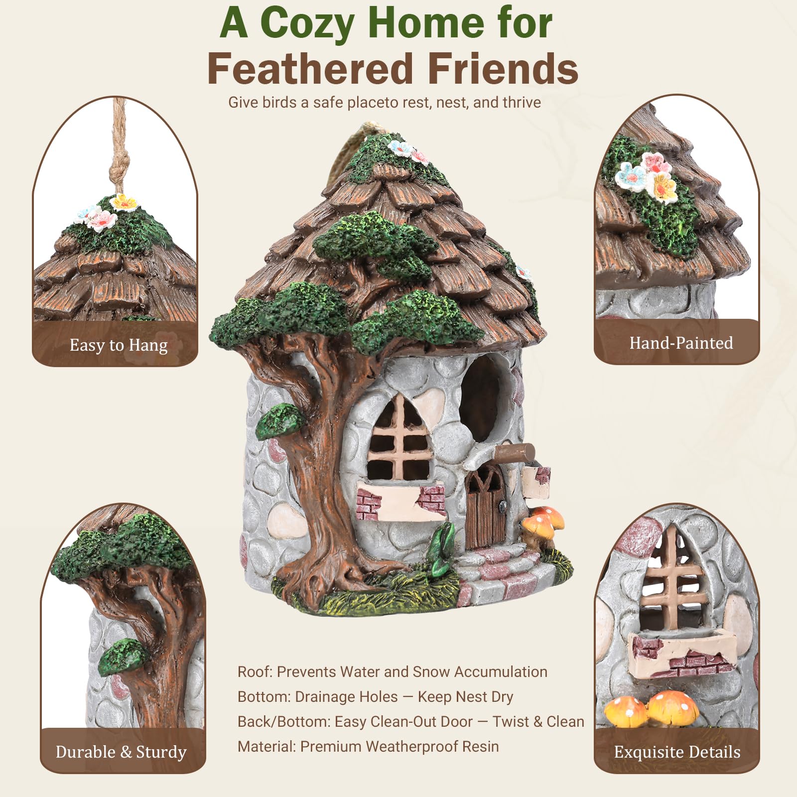 Yinns Resin Bird House in natural garden setting