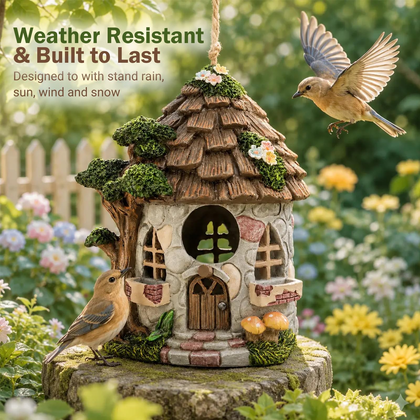 Yinns Resin Bird House showing jute rope for hanging
