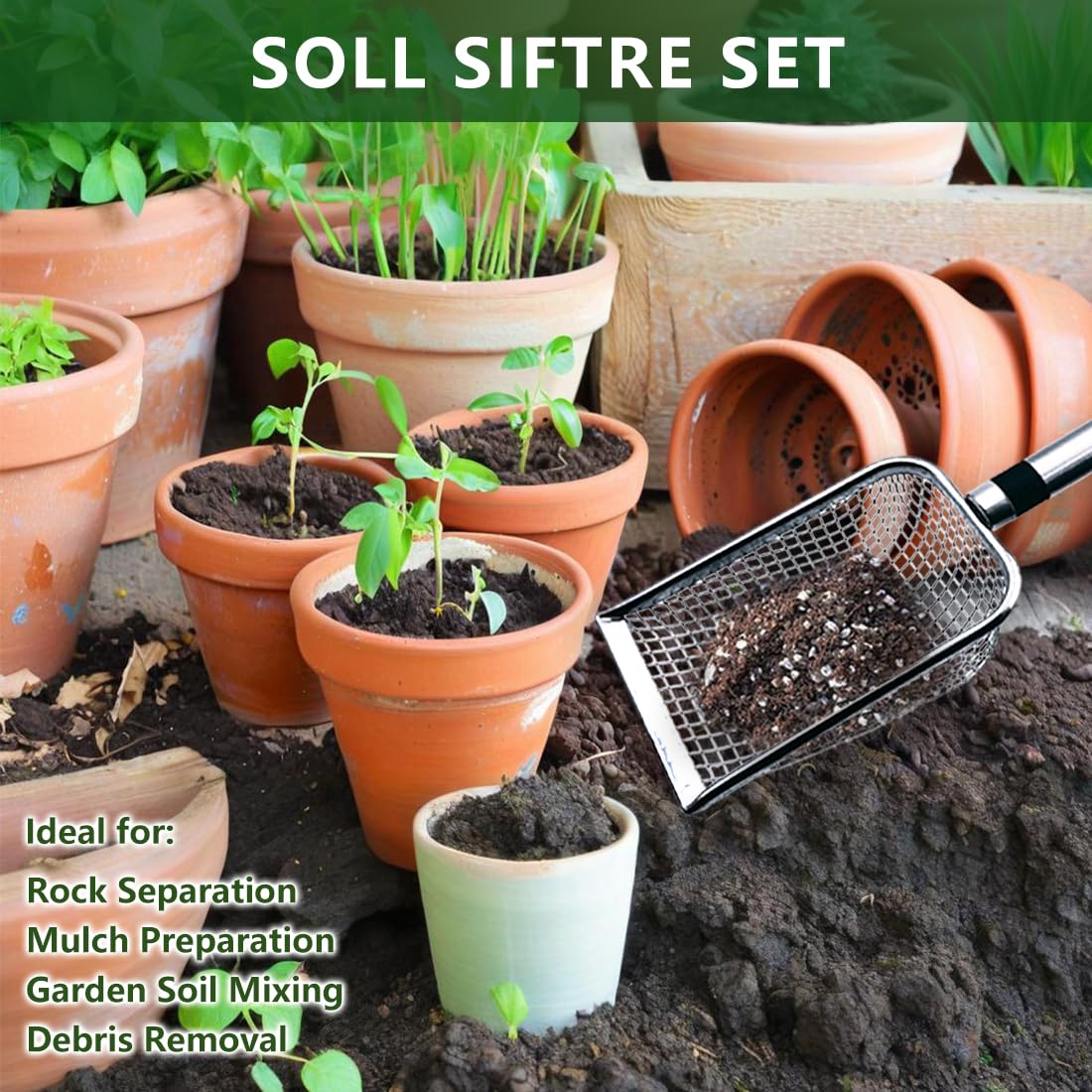 Yiqianhome Soil Sifter resting on a garden table