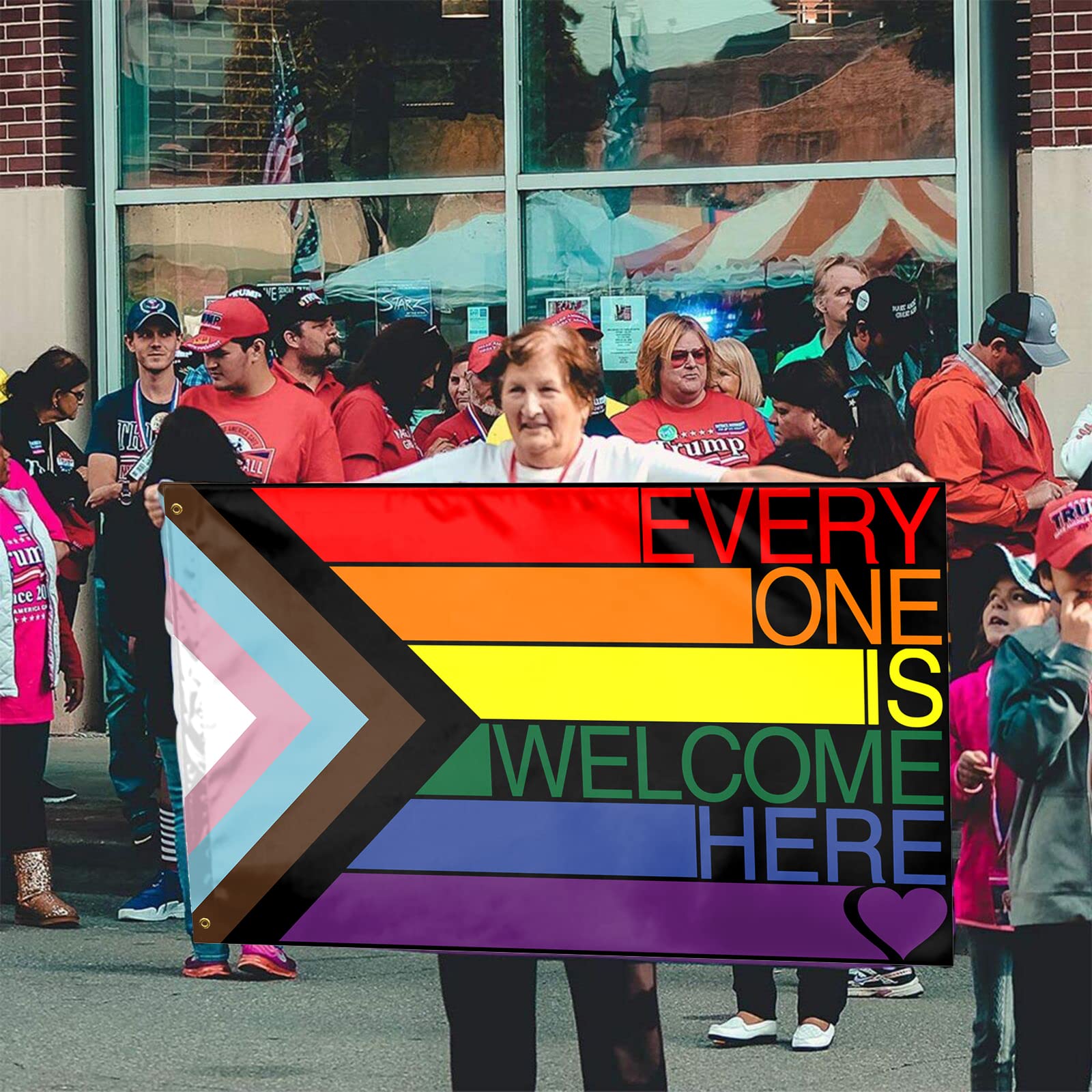 YISDZSW Progress Pride Flag displayed at a pride event