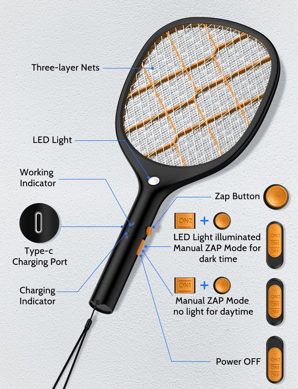 YISSVIC Electric Fly Swatter charging with USB-C power cord