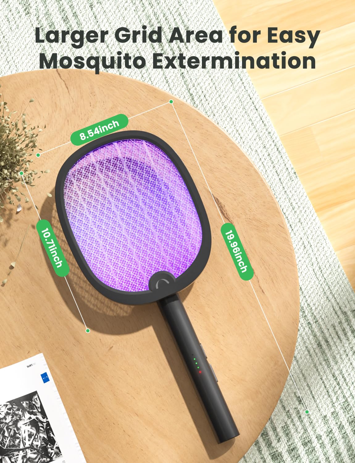 YISSVIC Electric Fly Swatter showing charging cable and battery level indicator