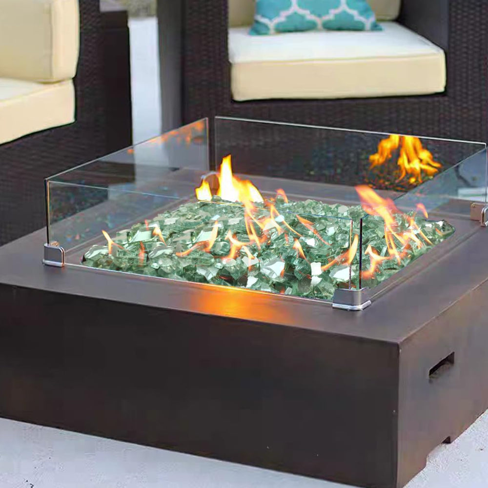 YISZM fire glass displayed in an outdoor fire pit