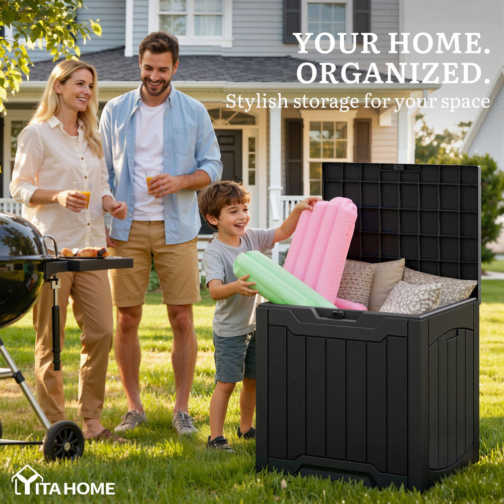 YITAHOME 31 Gallon Black Deck Box showing interior storage