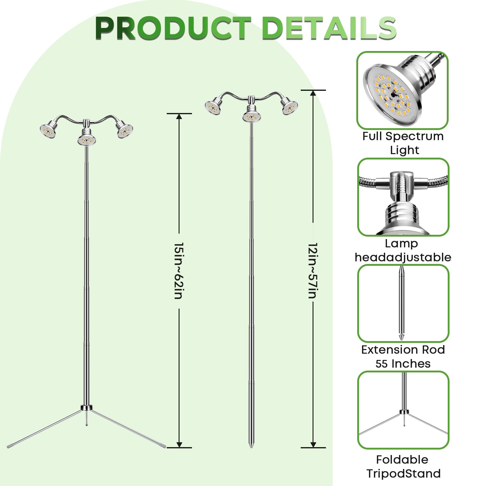 Yiyehu Full Spectrum Grow Light fully extended to 62 inches