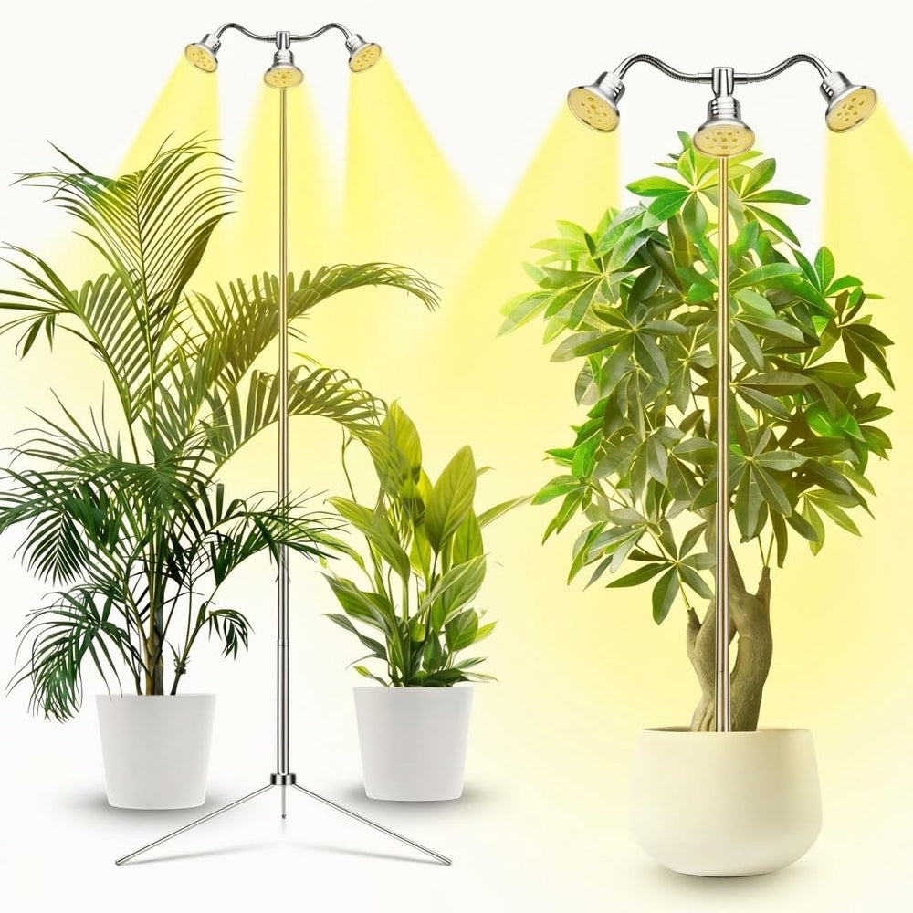 Yiyehu Full Spectrum Grow Light with tripod set up in a plant pot