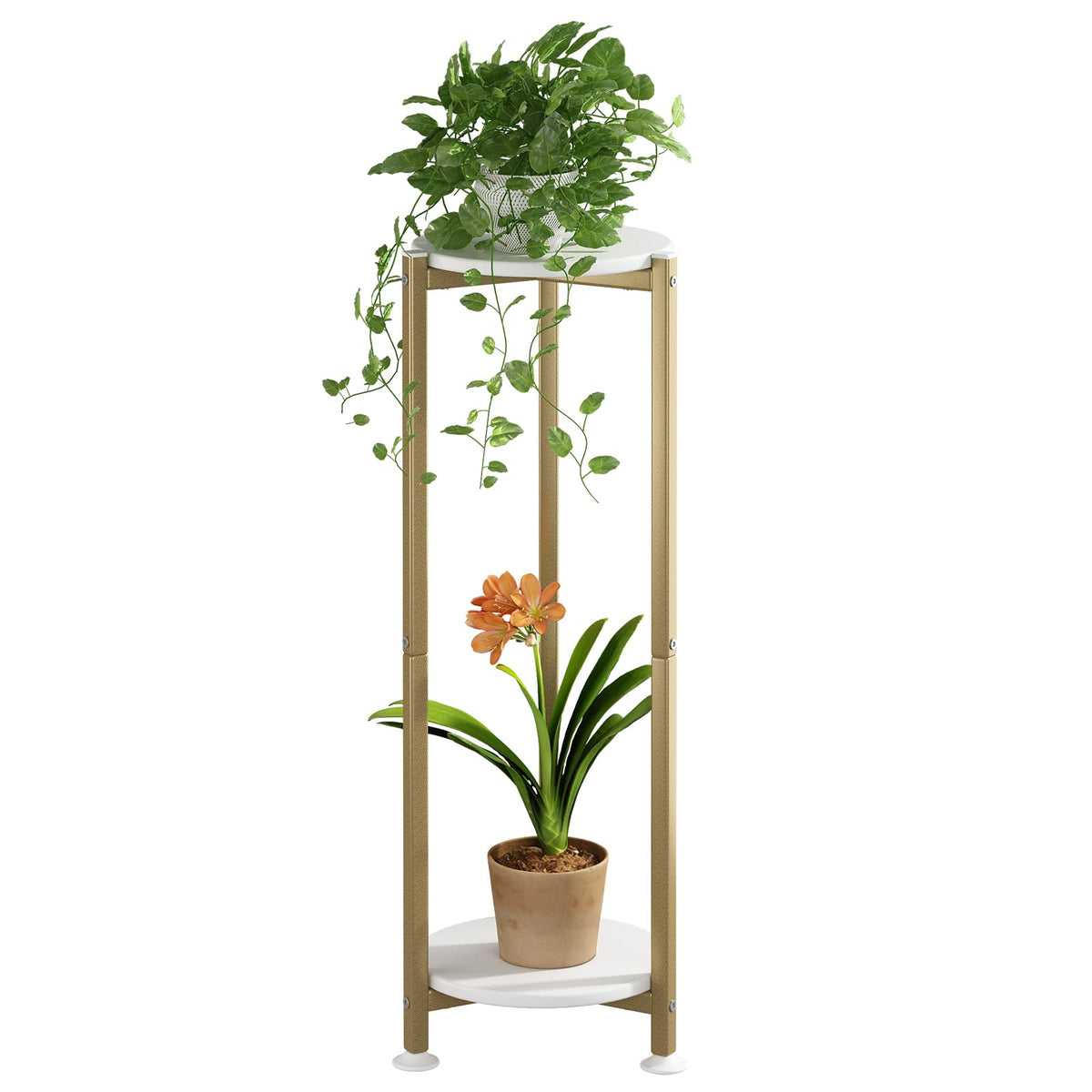 YIZAIJIA 2 Tier Plant Stand front view with gold finish