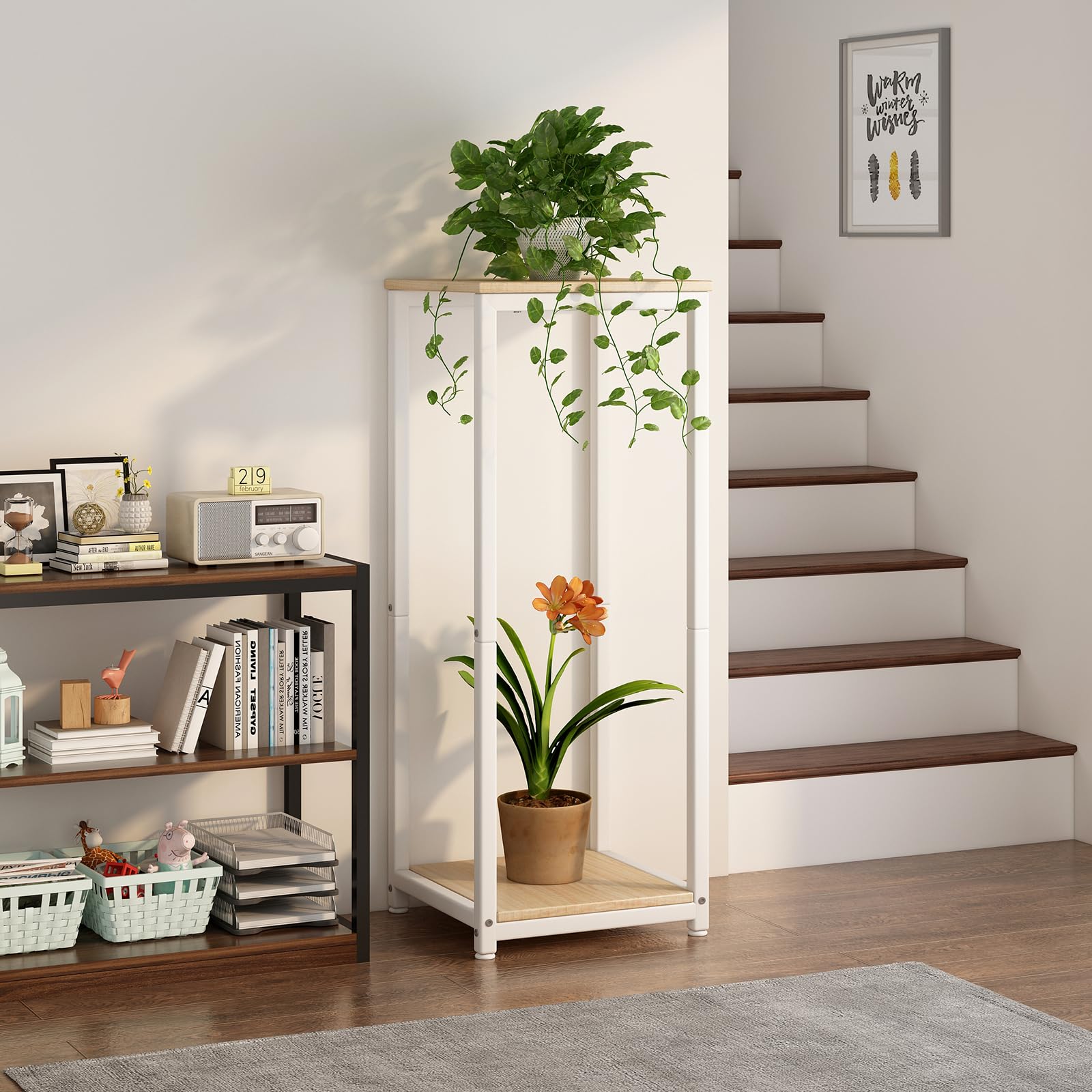 YIZAIJIA 2 Tier Plant Stand in a living room setting