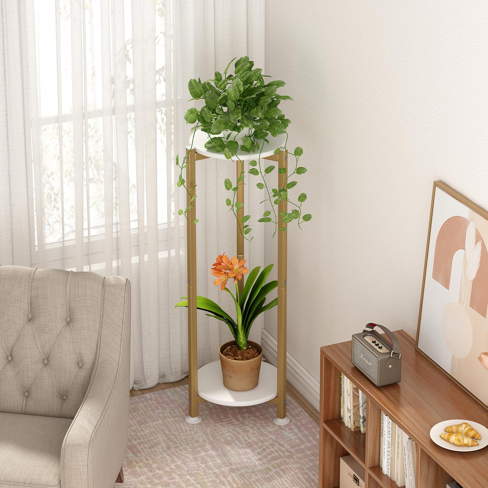 YIZAIJIA 2 Tier Plant Stand in a living room setting