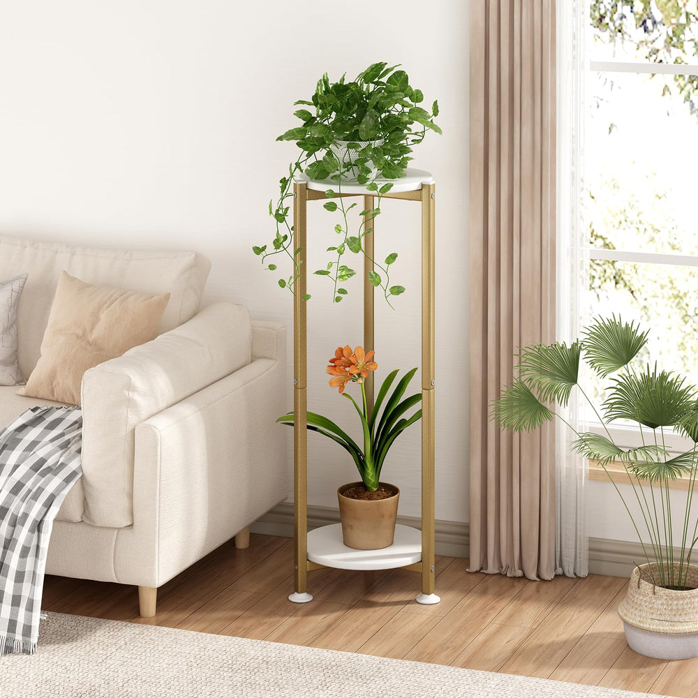 YIZAIJIA 2 Tier Plant Stand side view displaying potted plants