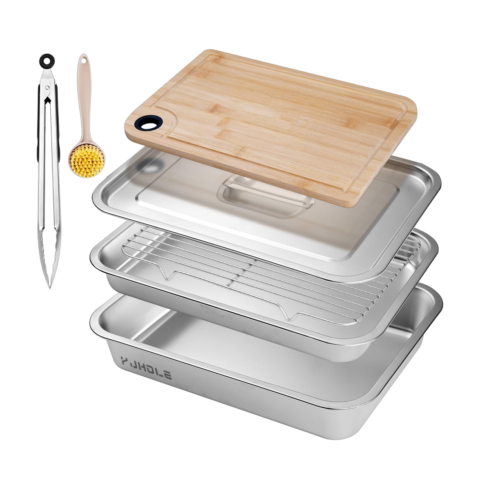 YJHOLE Grilling Prep and Serve Trays Set including stainless steel trays and bamboo cutting board