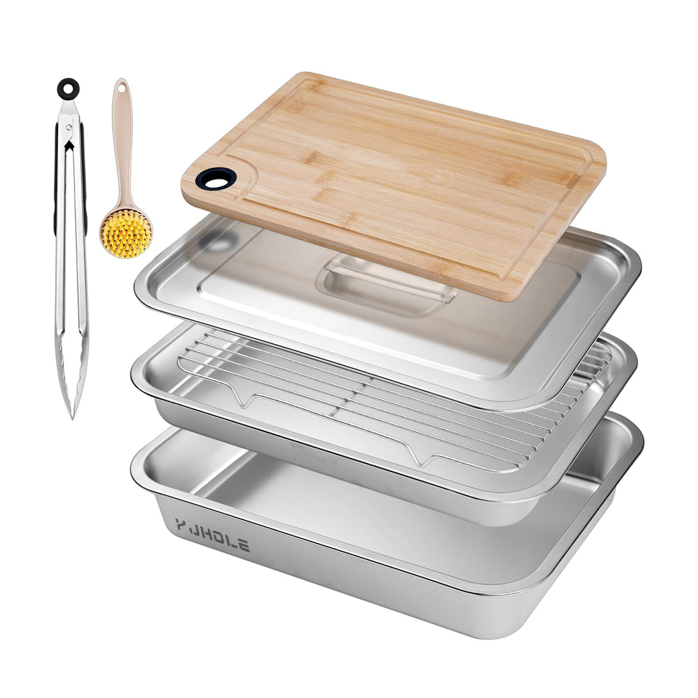 YJHOLE Grilling Prep and Serve Trays Set including stainless steel trays and bamboo cutting board
