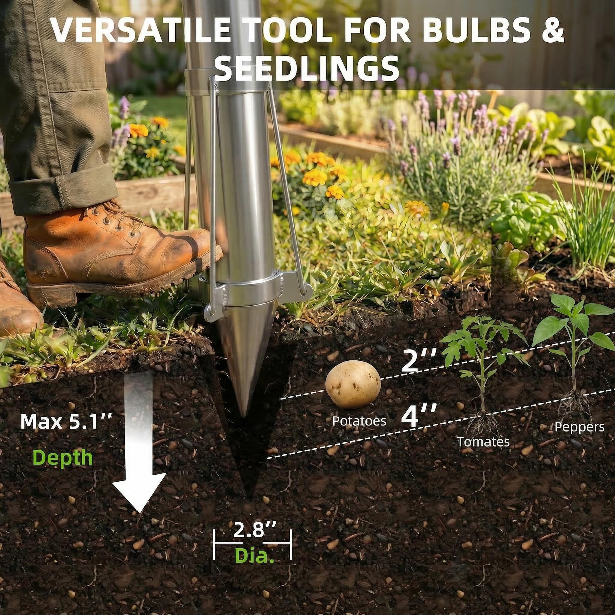 Ymachray Bulb Planter Tool close-up of stainless steel material