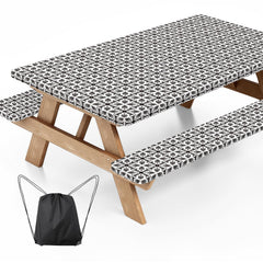 Ymomode picnic table cover set including table cover and bench covers in black and white Greek key pattern