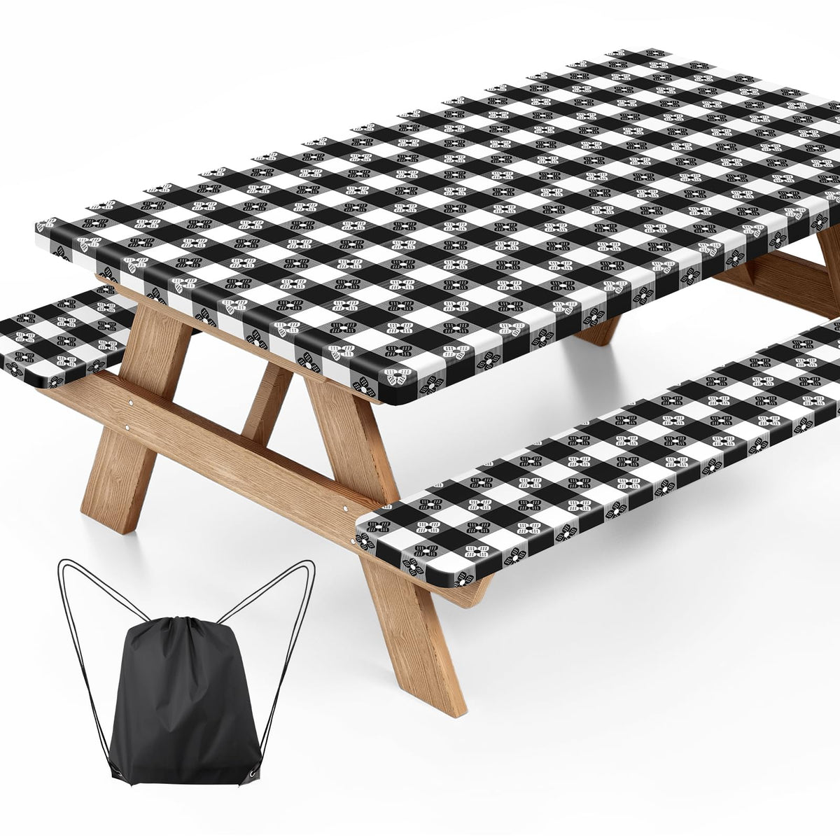 Ymomode picnic table cover set with black and white four-leaf clover design