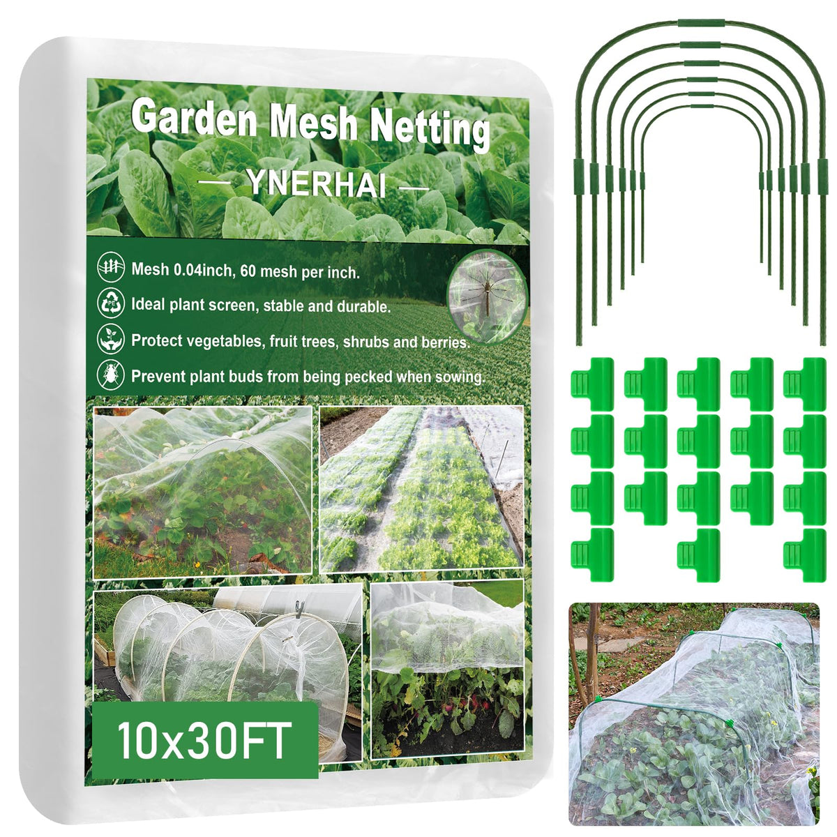 YNERHAI Garden Mesh Netting Kit 10x30FT with all components