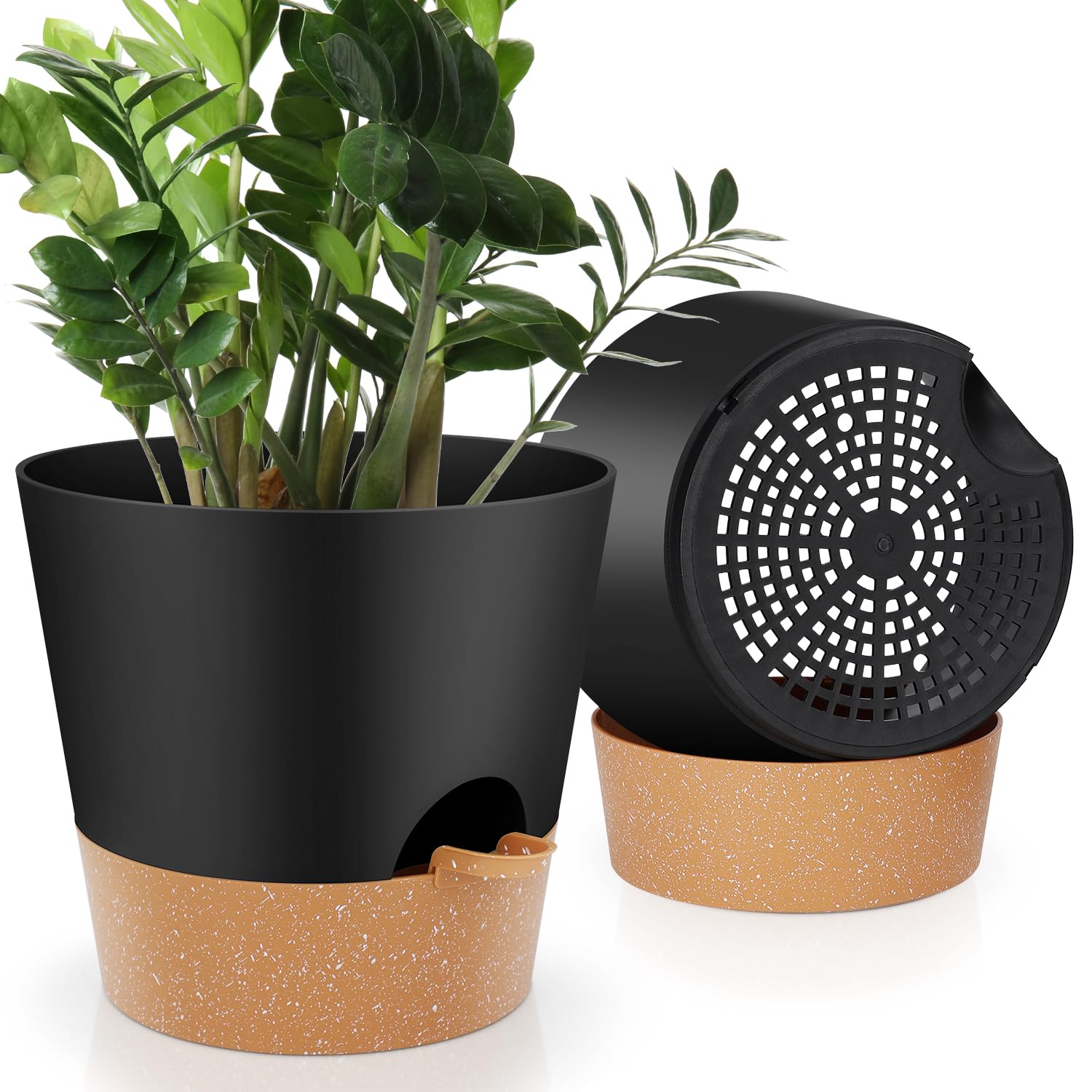 YNNICO 10-Inch Black Plant Pot with Saucer Front View