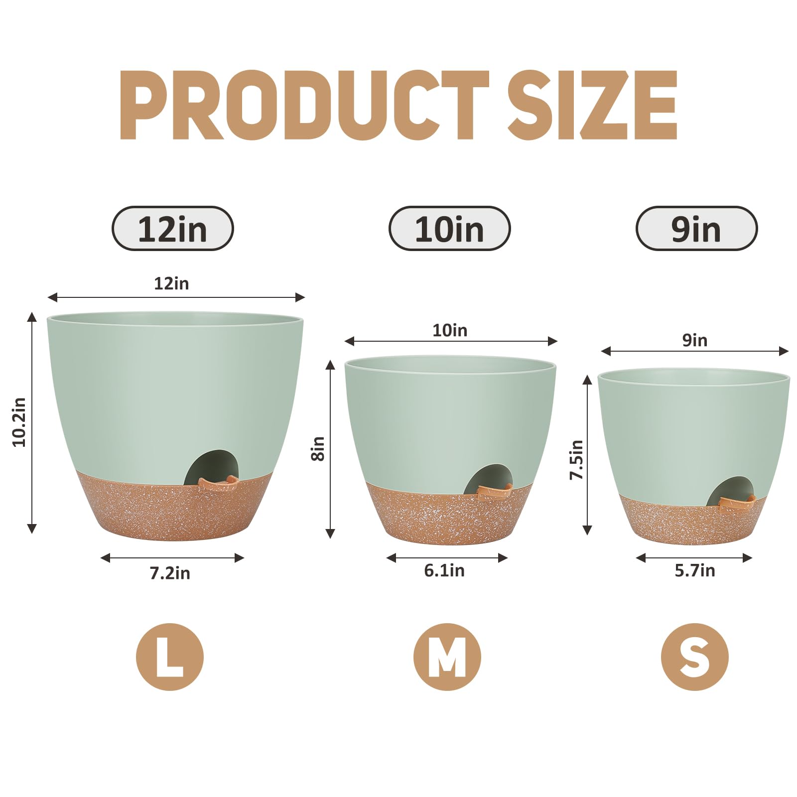 YNNICO 10-inch green self watering plant pot side view