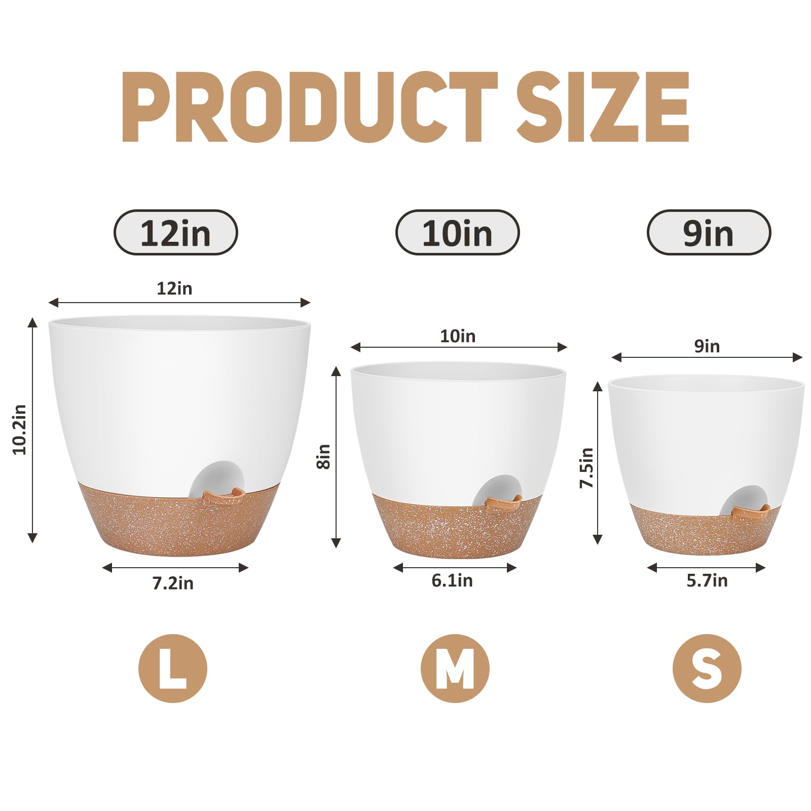 YNNICO 10-inch large self watering plant pot side view in white