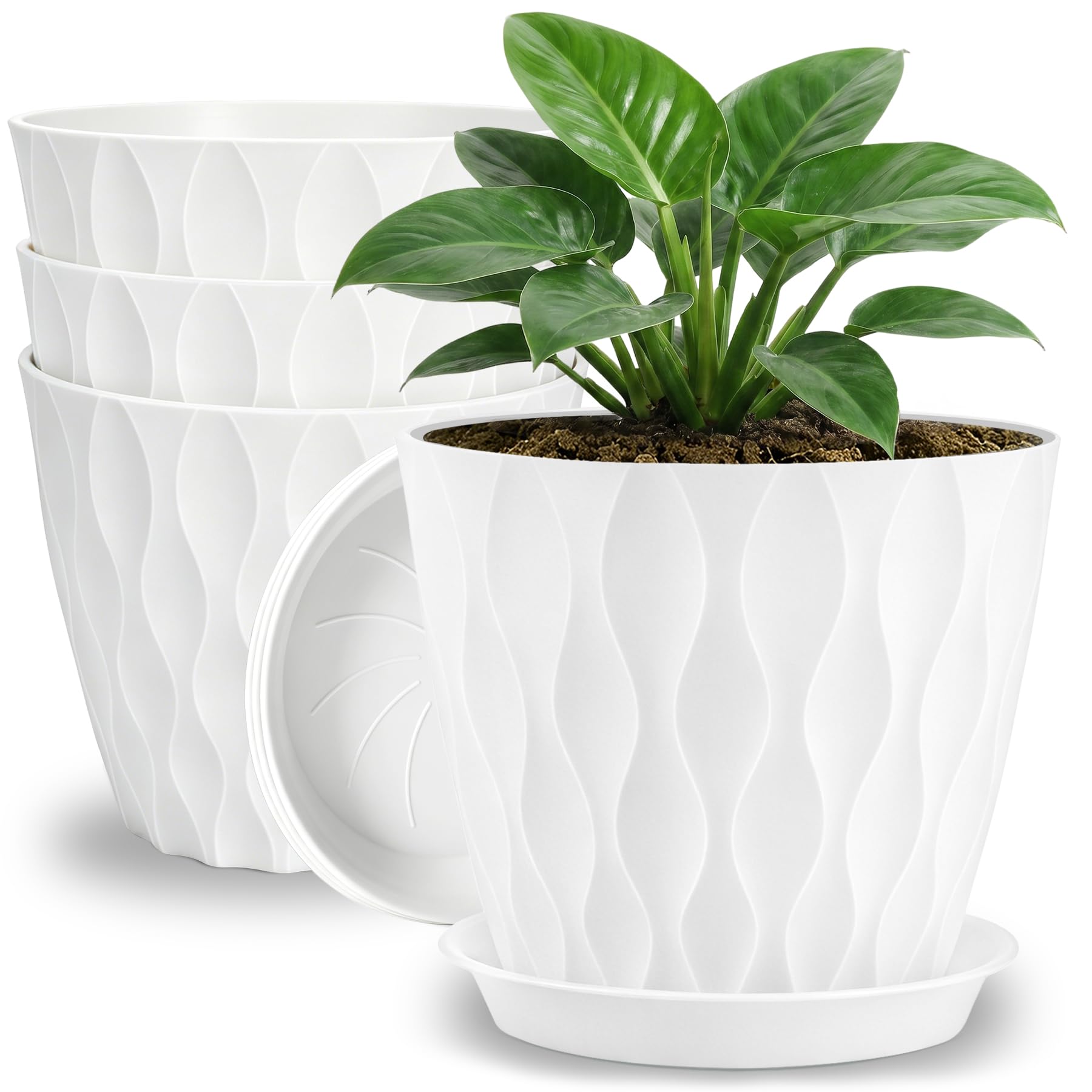YNNICO 8 inch white plant pot front view with drainage tray