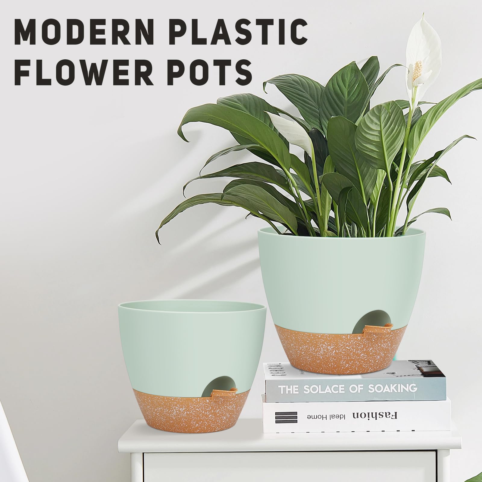 YNNICO 9-inch green self watering plant pot with tray