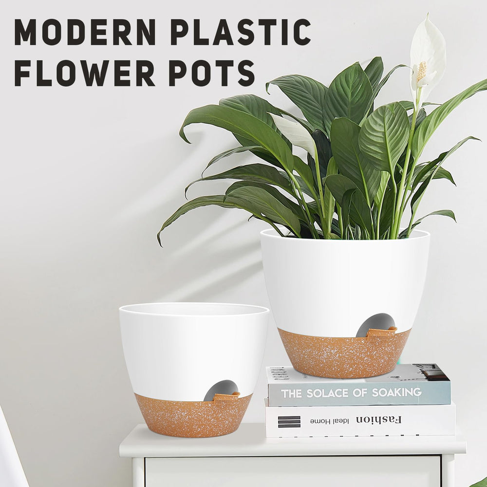 YNNICO 9-inch large self watering plant pot with saucer in white