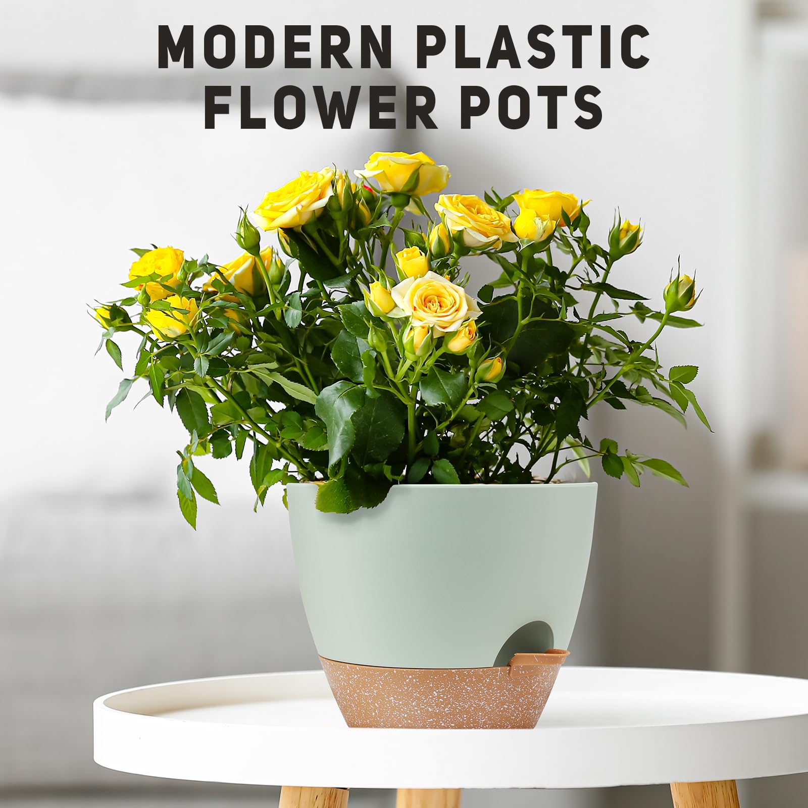 YNNICO green self watering pots set on a kitchen table